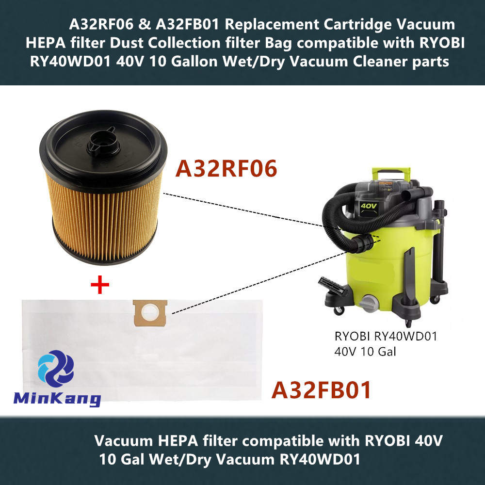 A32RF06 & A32FB01 交換カートリッジ真空 HEPA フィルター集塵フィルターバッグ RYOBI RY40WD01 40V 10 ガロンウェット/ドライ真空 