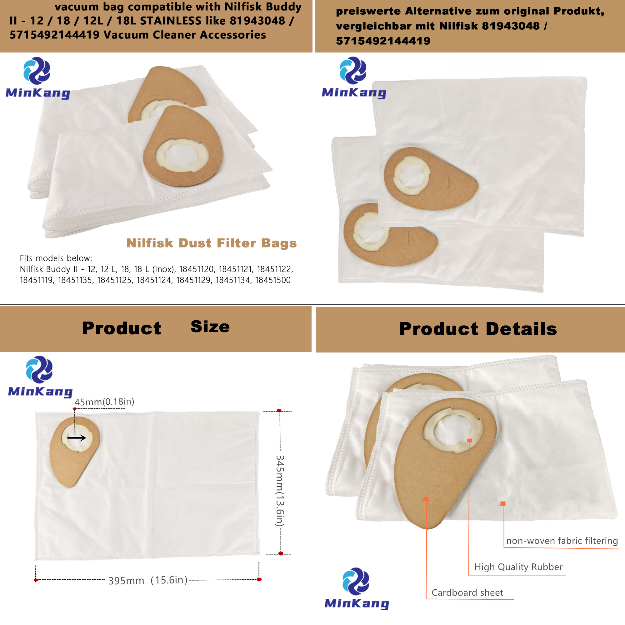 Nilfisk Buddy II - 12 と互換性のある真空バッグ