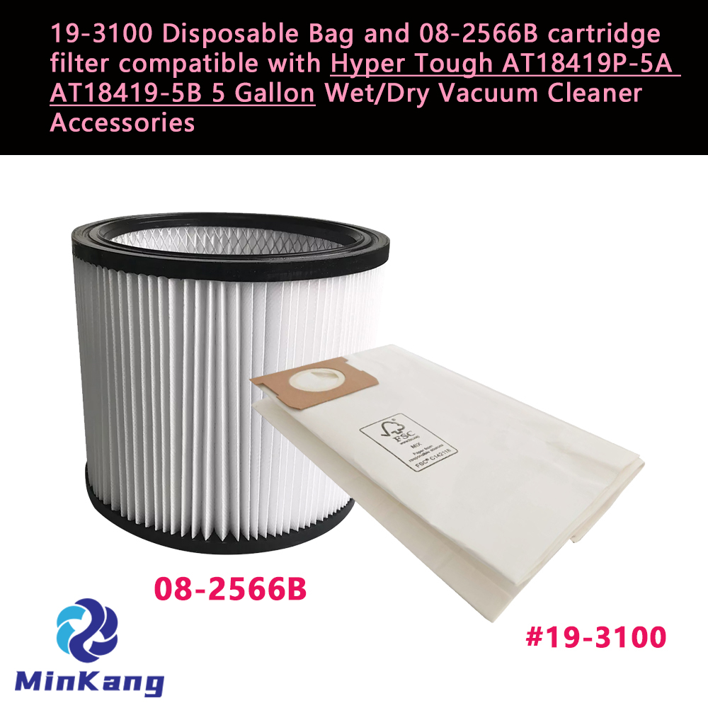 19-3100 使い捨てバッグと 08-2566B カートリッジ交換フィルター Hyper Tough AT18419P-5A AT18419-5B 5 ガロン湿式/乾式掃除機用 