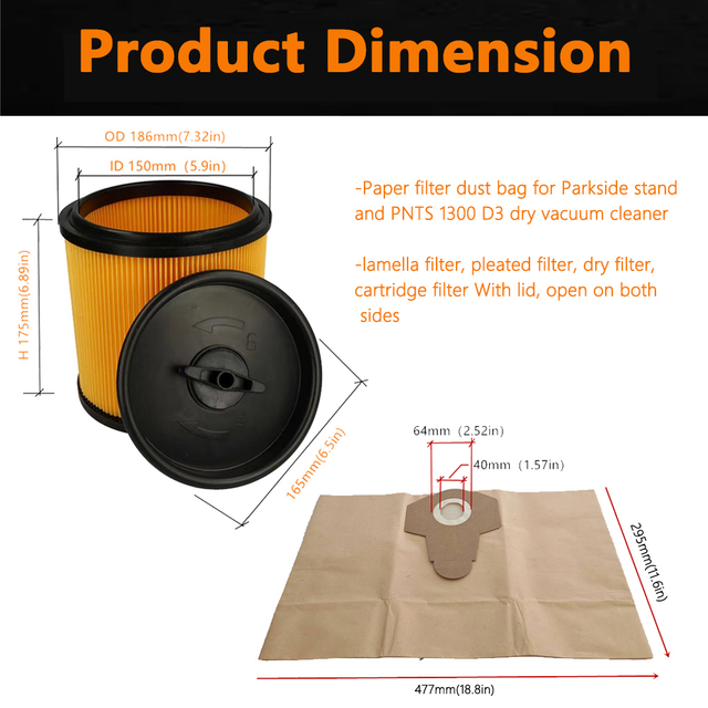 紙袋とプリーツフィルターカートリッジパークサイドウェット&ドライバキュームクリーナーPNTS 1300 D3用の蓋付き
