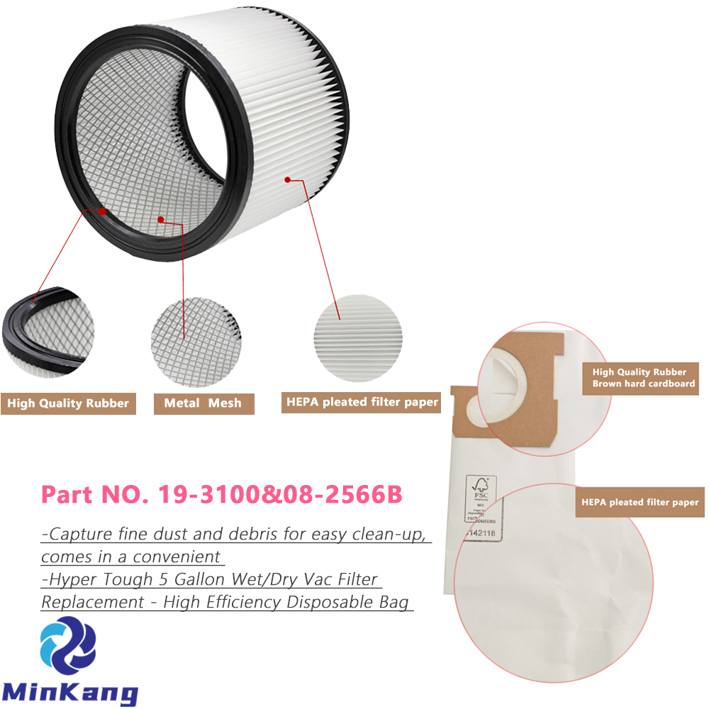 19-3100 使い捨てバッグと 08-2566B カートリッジ交換フィルター Hyper Tough AT18419P-5A AT18419-5B 5 ガロン湿式/乾式掃除機用 